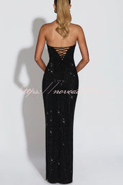 Mirabella Sequin Pleated Cowl Scooped Neckline Back Lace-up Strapless Maxi Dress