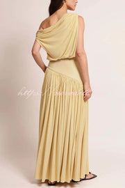 Gwen Soft Knit Fabric Off Shoulder Ruched Detail Drape Maxi Dress