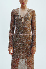 Fashion Sequined Hollow V-neck Long-sleeved Holiday Midi Dress