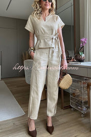 Emory Linen Blend Tie-up Short Sleeve Top and Elastic Waist Pocket Button Hem Pants Set