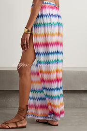 Colorful Zigzag Pattern Halter Neck Stretch Bikini and Elastic Waist Slit PantsThree-Piece Set