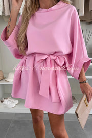 Solid Color Loose Round Neck Belted Mini Dress