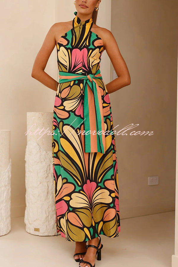 Unique Print Halter Neck Tie Backless Holiday Maxi Dress