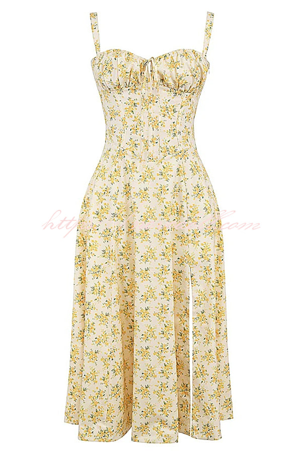 Vintage Floral Print Suspender Fit Lace Up Midi Dress