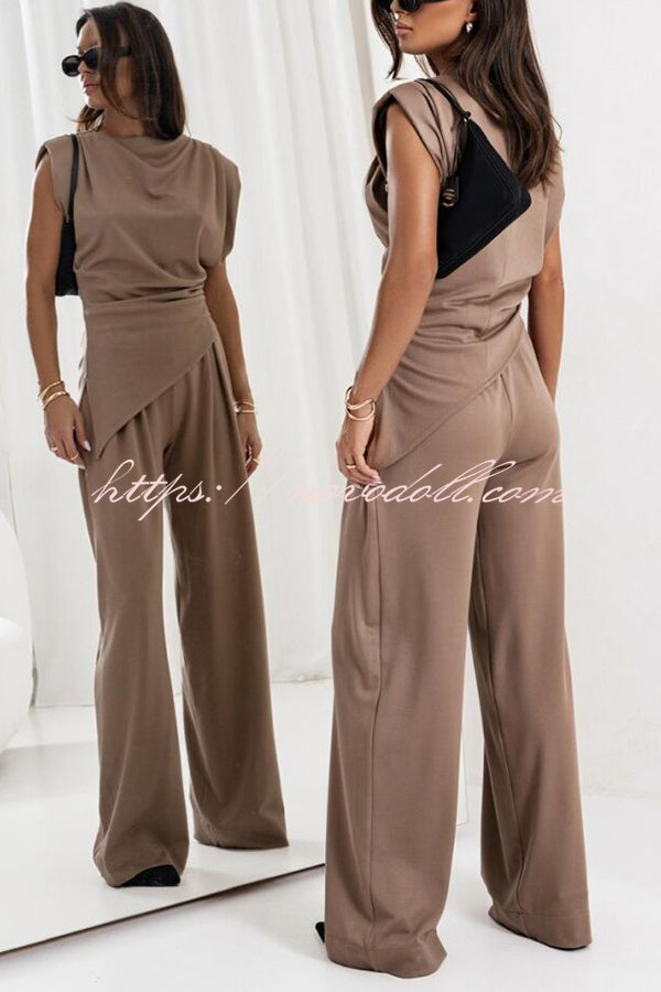 Jordy Ruched Shoulder Slit Top and Elastic Waist Pocketed Wide Leg Pants Set