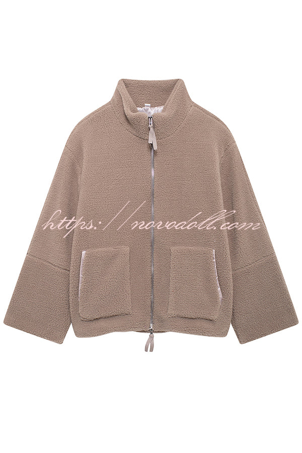 Solid Color Stitching High Collar Long Sleeve Loose Pocket Woolen Coat