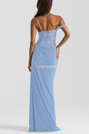 Sexy See-Through Lace Suspender Slim Slit Maxi Dress