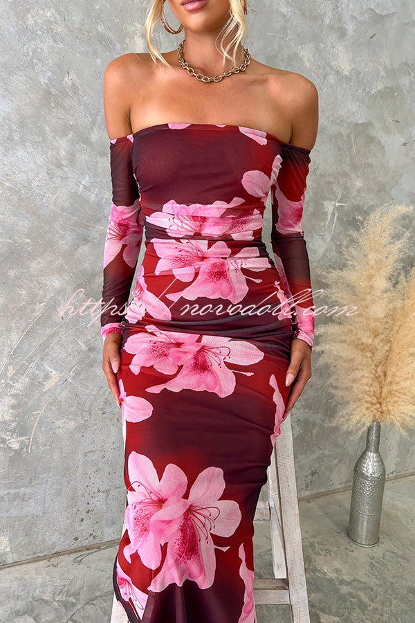 Floral Fantasy Mesh Off Shoulder Long Sleeve Stretch Maxi Dress
