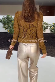 Palace Style Crochet Flower Lace Stand Neck Button Puff Sleeve Jacket