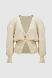 Only Yours Knit Metal Leaf Shape Button Lantern Sleeve Relaxed Cardigan