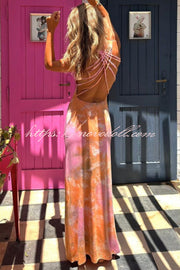 La Bamba Tie-dye Print Back Lace-up Stretch Maxi Dress