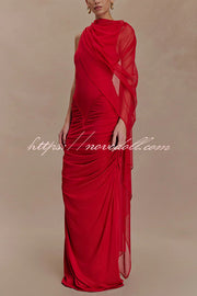 Fashionable Mesh Shawl Sleeveless Slim Fit Pleated Maxi Dress