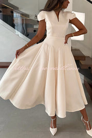 Solid Color V-neck Waist Elegant Full Hem Maxi Dress