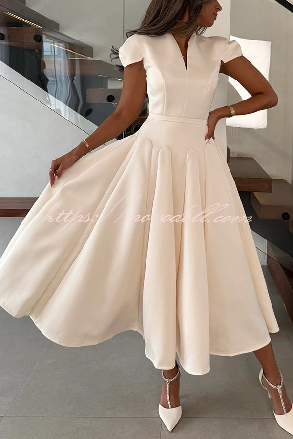 Solid Color V-neck Waist Elegant Full Hem Maxi Dress