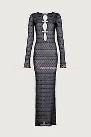 Ensley Knit Contrast Spiral Trim Cutout Long Sleeve Vacation Maxi Dress