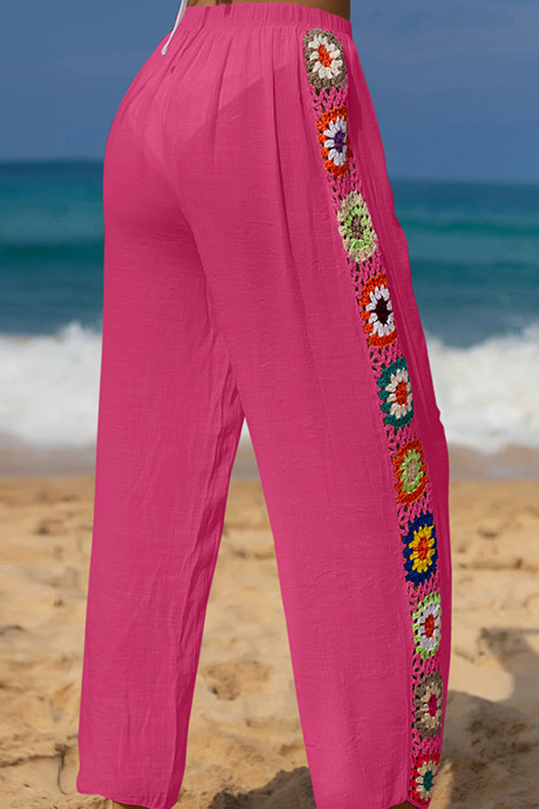 Dimarco Linen Blend Colorful Crochet Flower Patchwork Stretch Waist Wide Leg Pants