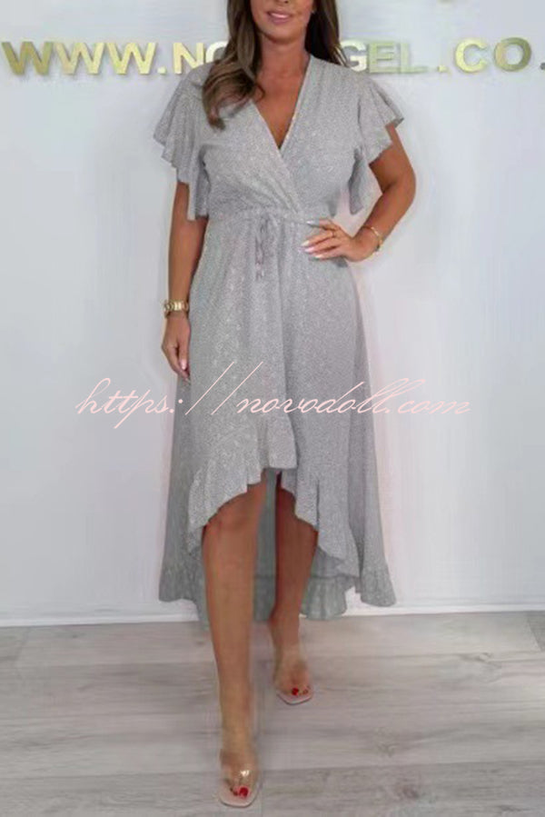 Resort Style V-neck Ruffle Sleeves Waist Tie Irregular Midi Dress