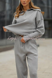 Solid Color Long-sleeved Zip-up Sweatshirt and Elastic Waist Loose Pocket Pants Set