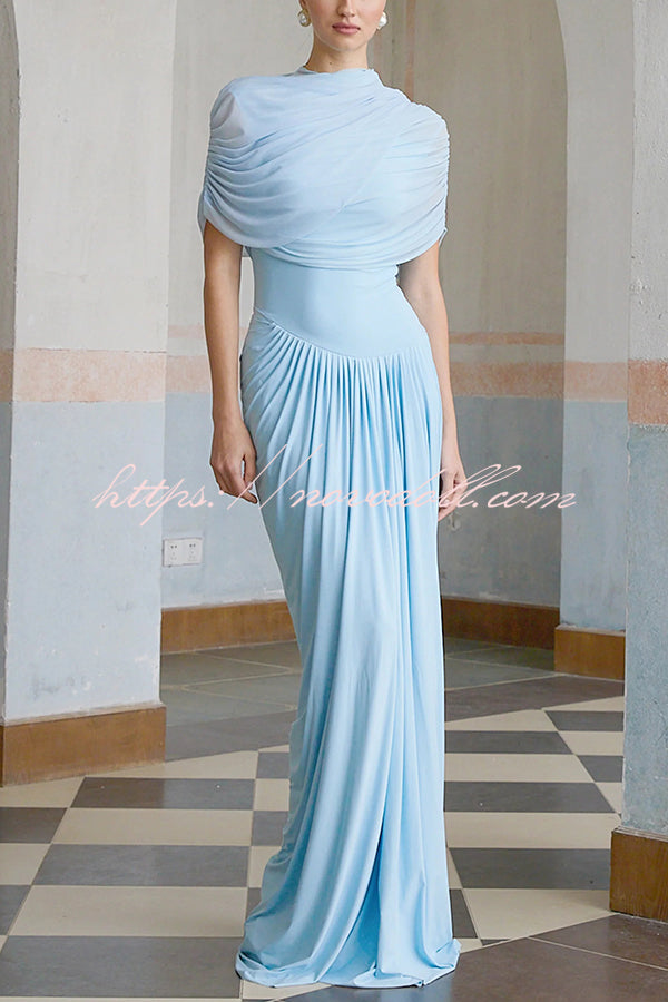 Elegant Mesh Cape-style Pleated Draped Maxi Dress