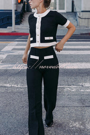 Fashionable Contrast Color Short-sleeved Button-down Top