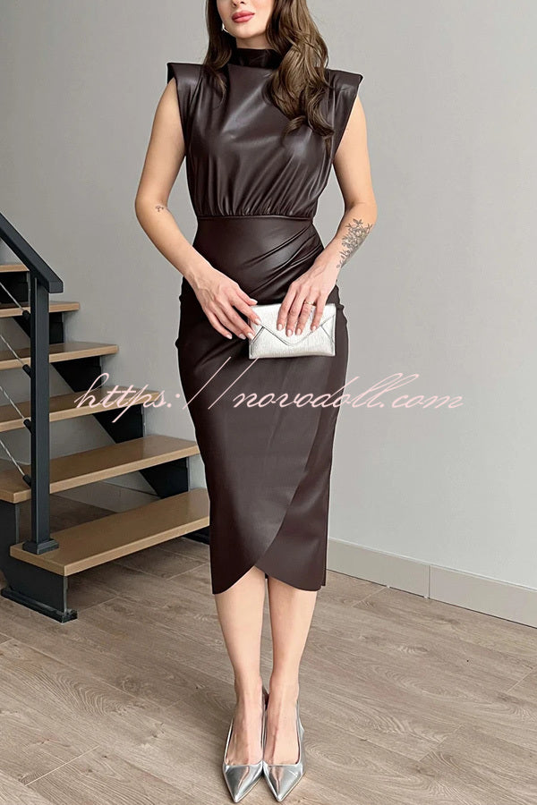 Elouise Faux Leather Turtleneck Shoulder Pads Ruched Slit Midi Dress