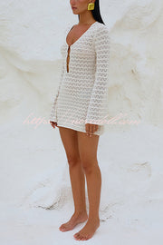 Solid Long Sleeve V Neck Beach Cover Up Mini Dress