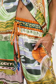Unique Printed Lapel Short-sleeved Loose Shirt and Elastic Waist Tie Wide-leg Pants Set