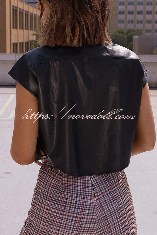 Fashion Faux Leather Pocket Sleeveless Cropped Jacket