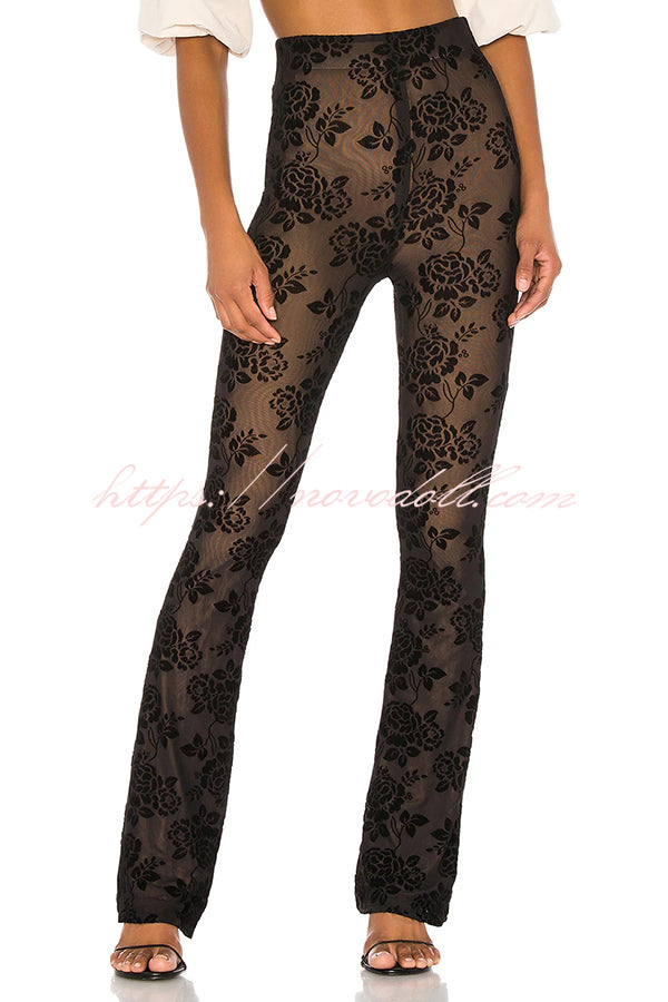 Romance Detail Flower Pattern Mesh Elastic Waist Stretch Flare Pants