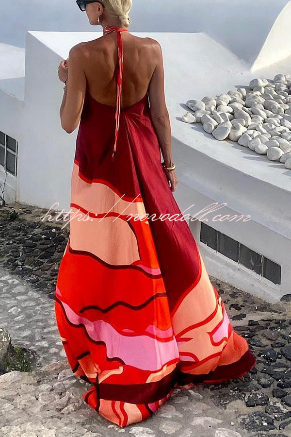 Vacay Happy Hour Printed Halter Backless A-line Maxi Dress