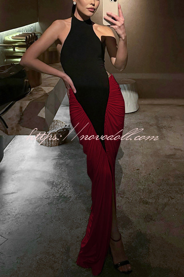 Fashionable Contrast Color Open Back Side Pleated Draped Maxi Dress