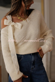 Solid Color Bow Tie Long-sleeved Casual Knit Sweater