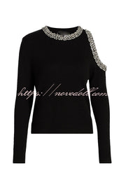Holiday Party Knit Crystal-Embellished Cut-out Shoulder Long Sleeve Top