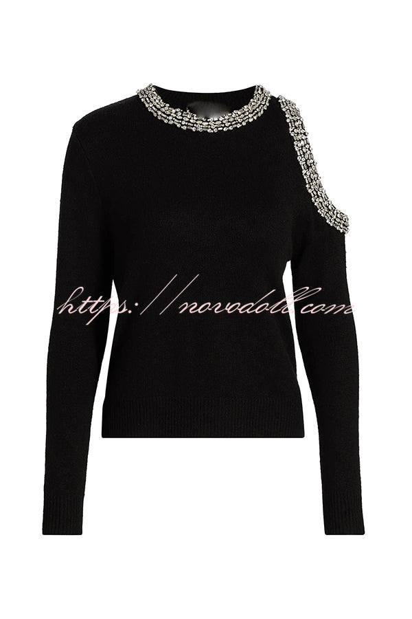 Holiday Party Knit Crystal-Embellished Cut-out Shoulder Long Sleeve Top