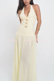 Giselle Gold Starfish Hardware Halter Back Lace-up Tulle Maxi Dress