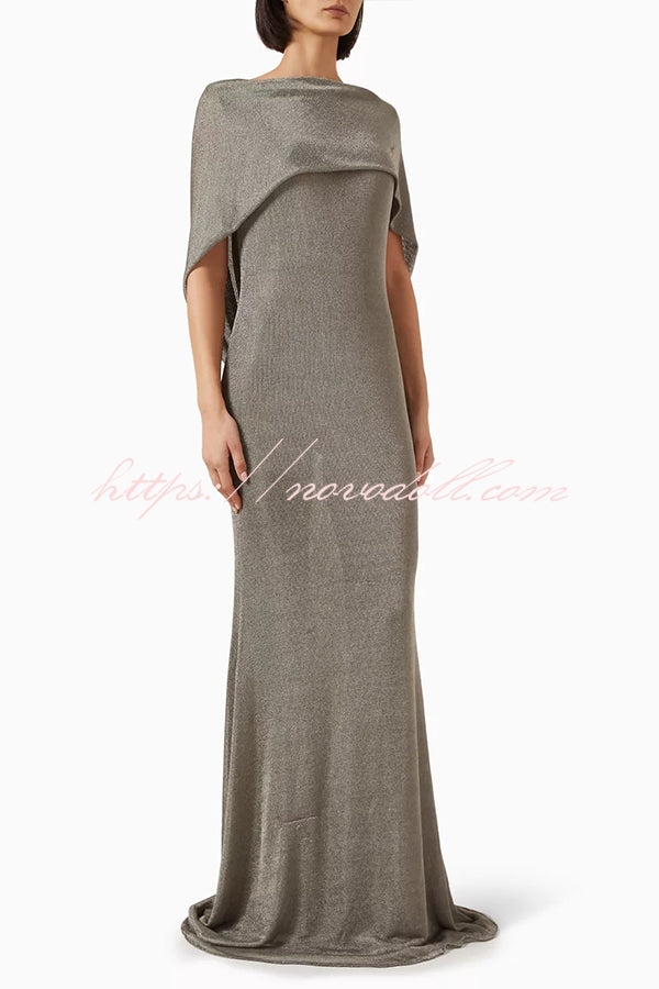 Fit and Elegance Fine Shimmering Fabric Open Cowl Back Draped Neckline Maxi Dress