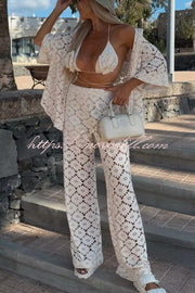 Holiday Crochet Flowers Lace Short Sleeve Shirt and Elastic Waist Wide Leg Pants Set