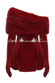 Stylish Velvet Off-shoulder Fitted Mini Dress and Fluffy Shawl, Velvet Gloves Three-piece Set