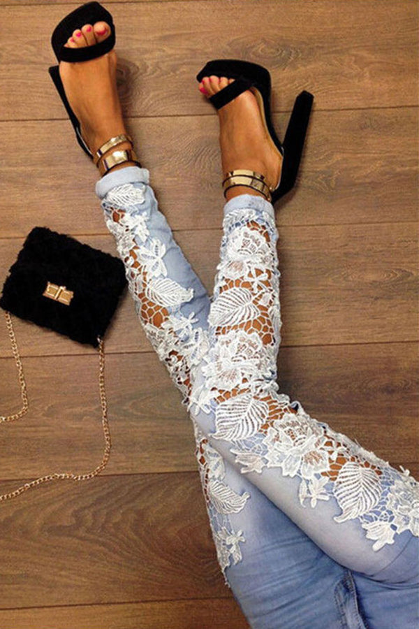 Sexy Side Lace Crochet Appliques Stretch Jeans