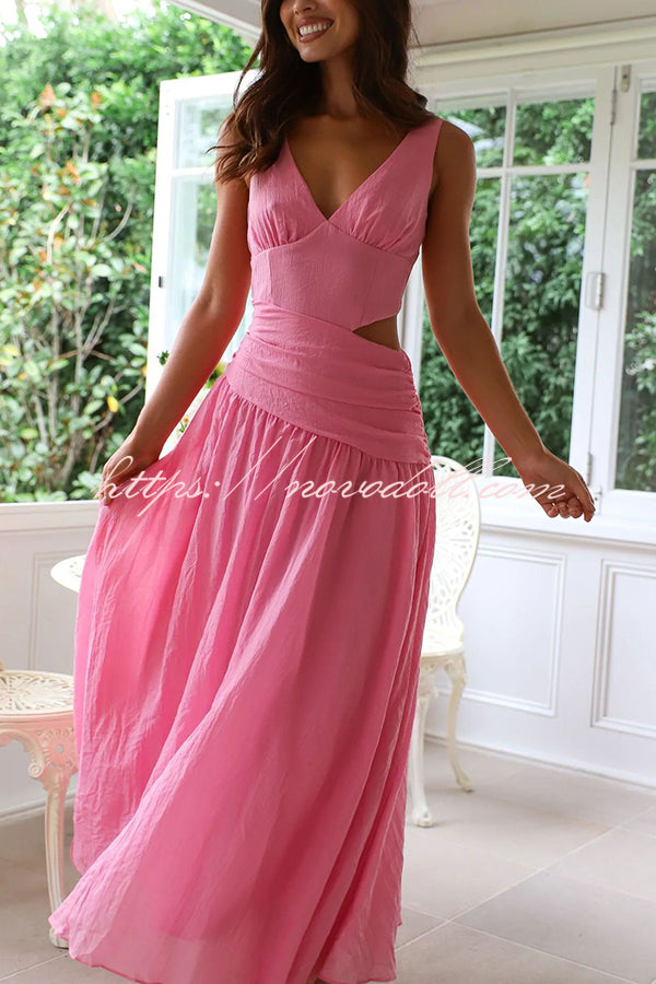 Solid Color V-neck Waist Hollow Slim Maxi Dress