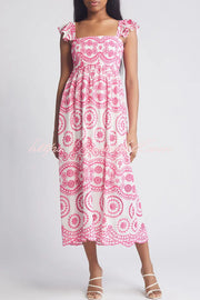 Darling & Dainty Embroidery Style Unique Print Smocked Midi Dress