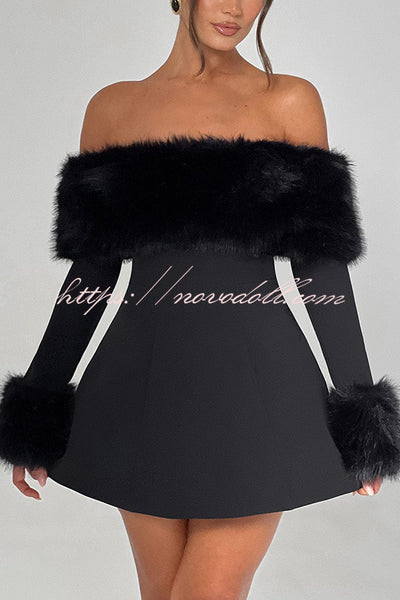 Cute and Luxe Faux Fur Trim Off Shoulder Bubble Shaped Mini Dress