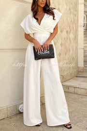 Solid Color V-neck Waist Casual Wide-leg Jumpsuit