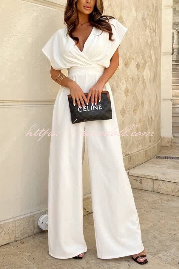 Solid Color V-neck Waist Casual Wide-leg Jumpsuit