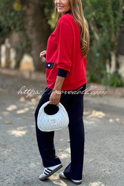 Stylish Color-blocked V-neck Knitted Button-down Cardigan and Elastic Waist Casual Wide-leg Pants Set