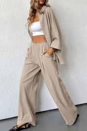 Solid Color Loose Casual Shirt and Elastic Waist Pocket Wide Leg Pants Set