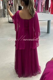 Ready for Holiday Cape Sleeve Tie-up Pleated Maxi Dress