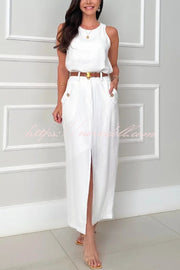 Office Lady Sleeveless Crewneck Top and Metal Button Pocket Slit Midi Skirt Set