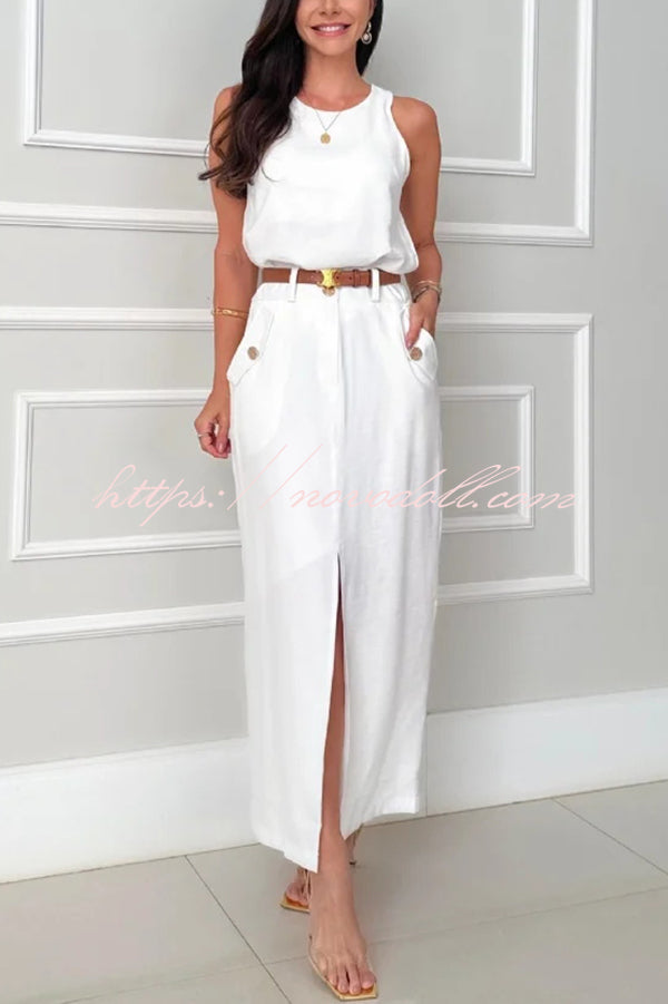 Office Lady Sleeveless Crewneck Top and Metal Button Pocket Slit Midi Skirt Set