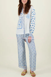 Stylized Dragon Satin Unique Print Long Sleeve Loose Shirt and Elastic Waist Pants Set